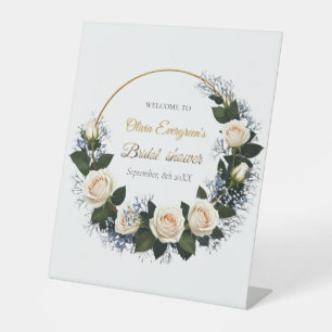 White Roses & Baby’s Breath Welcome Bridal Shower Pedestal Sign