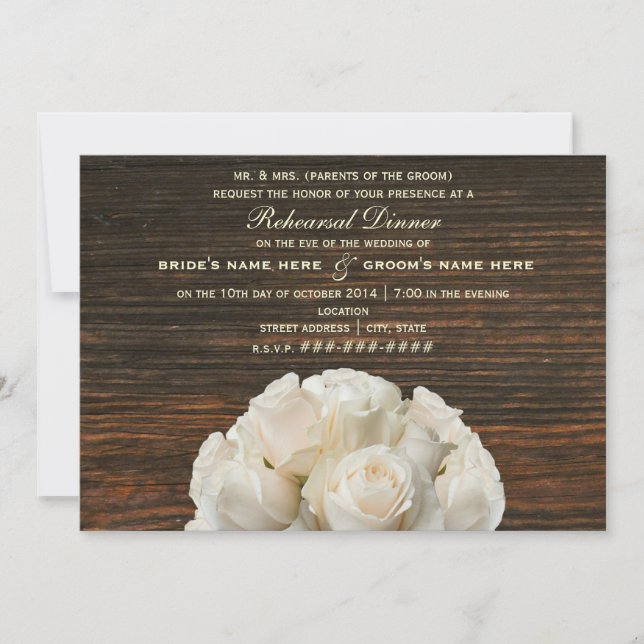 White Roses & Barnwood Rustic Rehearsal Dinner Invitation (Front)