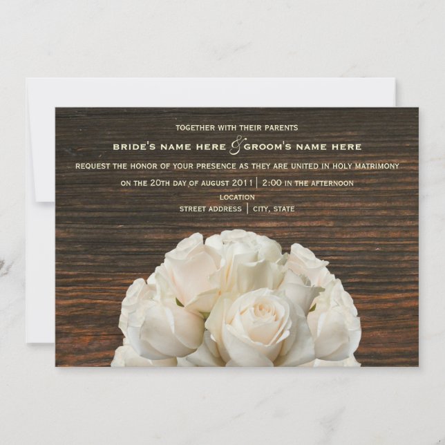 White Roses & Barnwood Rustic Wedding Invitation (Front)