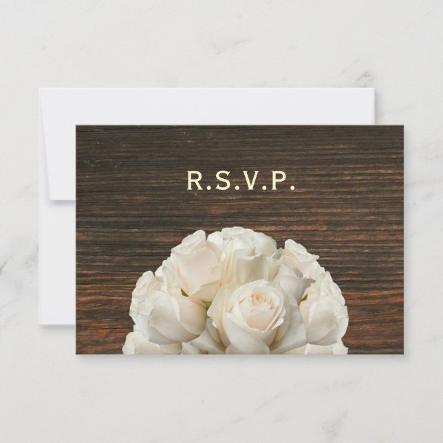 White Roses & Barnwood Rustic Wedding RSVP Card (Front)