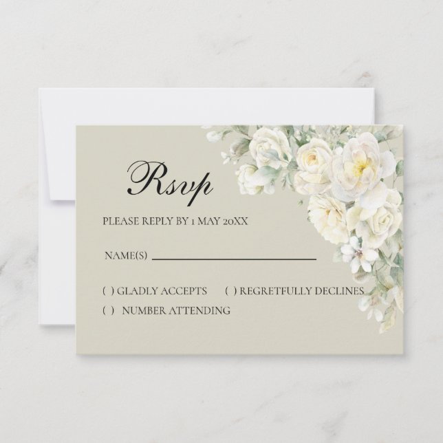 White Roses Beige RSVP card (Front)
