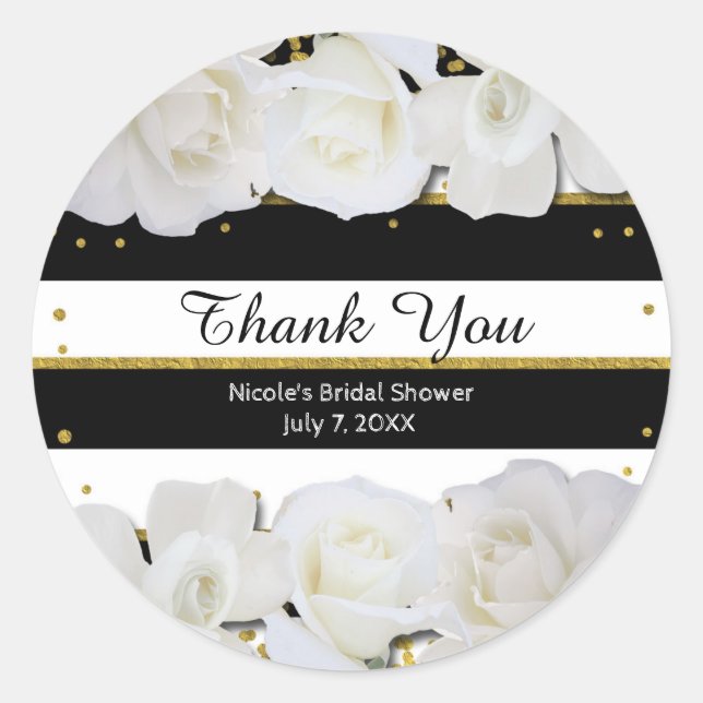 White Roses Black Stripes & Gold Bridal Shower Classic Round Sticker (Front)