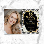 White Roses Black White Damask Photo 50th Birthday Invitation<br><div class="desc">Elegant floral feminine 50th birthday invitation with your photo. Glam black white design with faux glitter gold. Features black and white damask pattern, roses, script font and confetti. Perfect for a stylish adult bday celebration party. Personalise with your own details. Can be customised for any age! Printed Zazzle invitations or...</div>