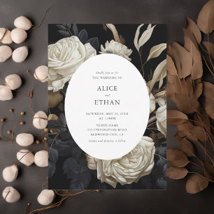 White Roses Blooms Dried Leaves Dark Wedding Invitation