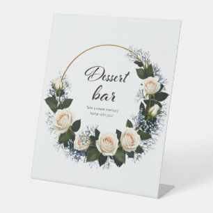 White Roses & Blue Baby’s Breath Dessert Bar Pedestal Sign