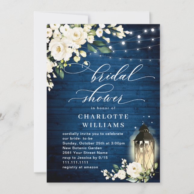 White Roses Blue Wood Lantern Bridal Shower Invitation (Front)