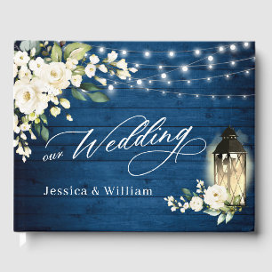 White Roses Blue Wood Lantern PHOTO Wedding Guest Book