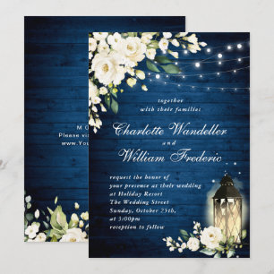 White Roses Blue Wood Lantern Watercolor Wedding Invitation