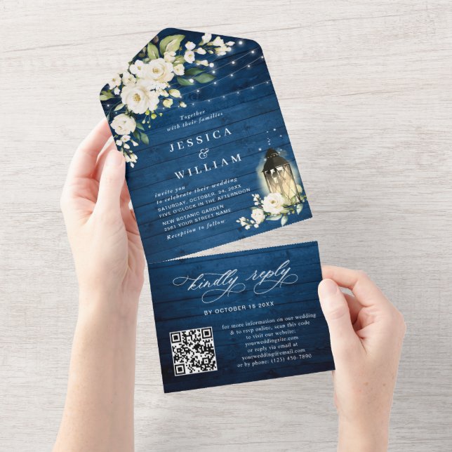 White Roses Blue Wood Lantern Wedding QR code All In One Invitation (Tearaway)