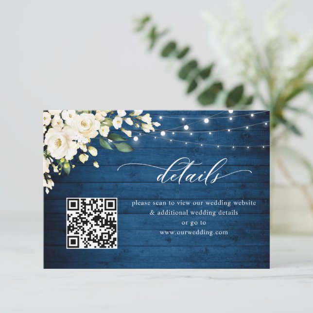 White Roses Blue Wood Lantern Wedding QR code Enclosure Card (Standing Front)