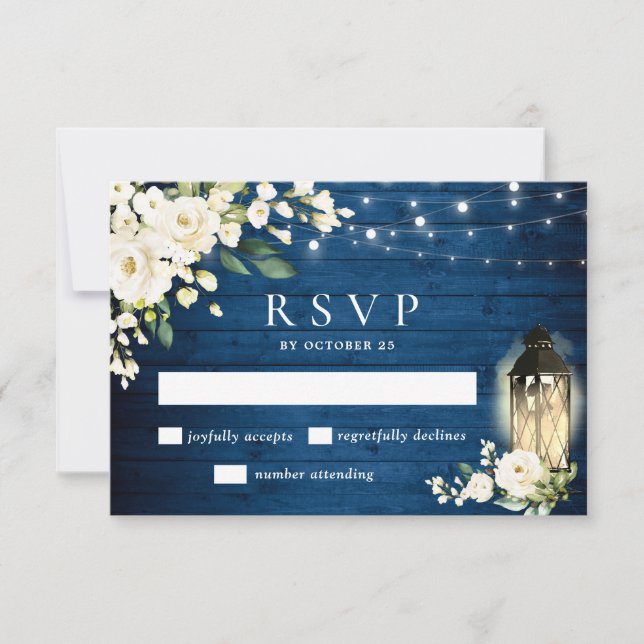 White Roses Blue Wood Lantern Wedding RSVP Card (Front)