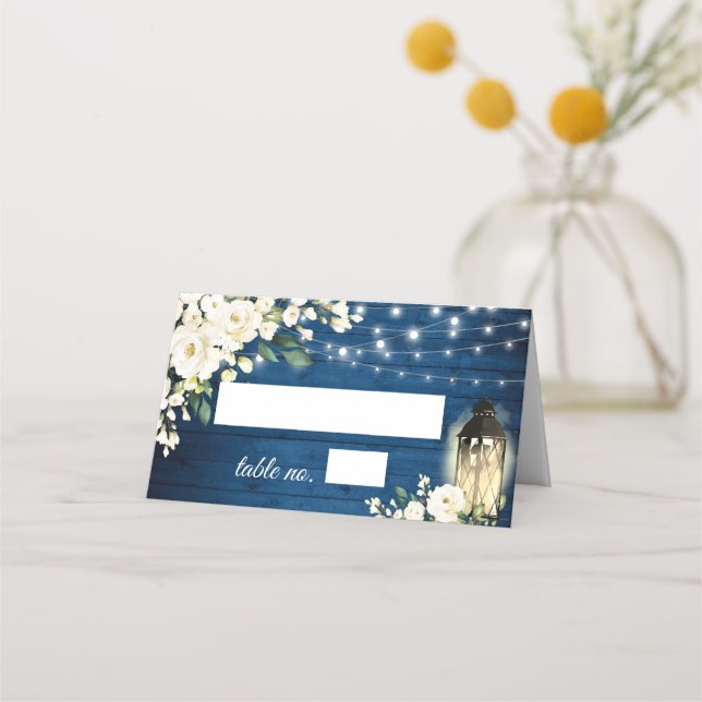 White Roses Blue Wood Lantern Wedding Table Place Card (Front)