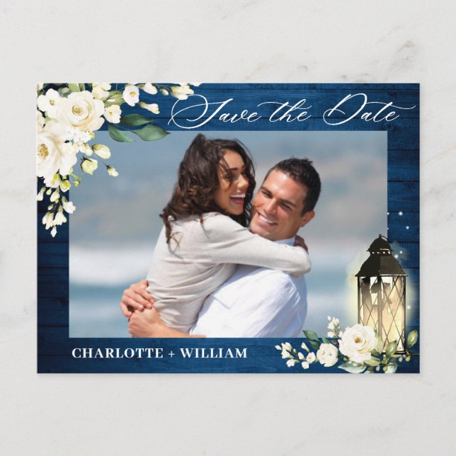 White Roses Blue Wood PHOTO Wedding Save the Date Postcard (Front)
