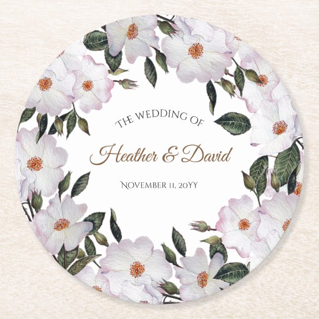White Roses Botanical Illustration Wedding Round Paper Coaster (Front)