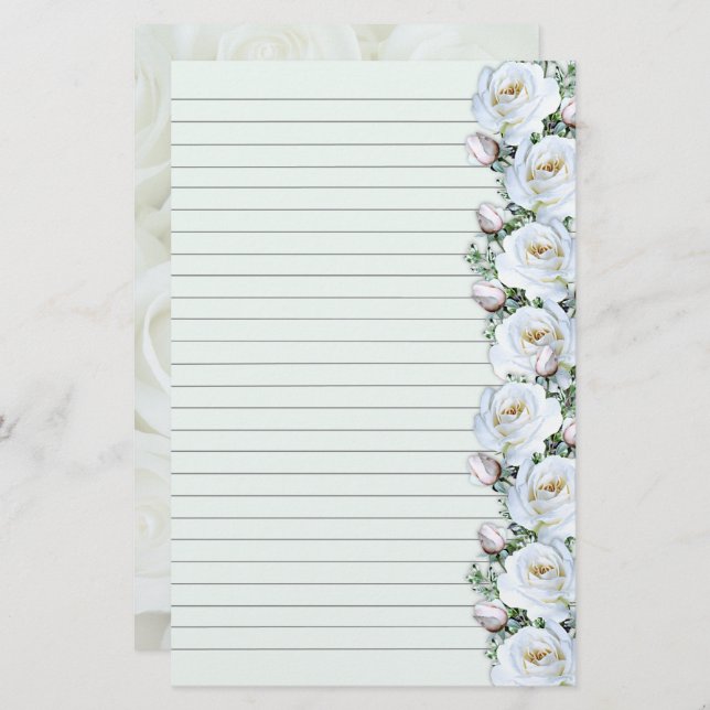 White Roses Bouquet Border 3 Stationery Lined  (Front/Back)