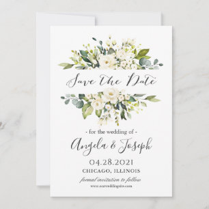 White Roses Bouquet Greenery Floral Wedding Save The Date