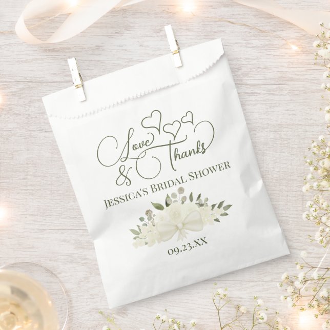 White Roses Bouquet Love & Thanks Bridal Shower Favour Bags (Clipped)