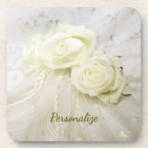 White Roses Bouquet Vintage Lace Veil Personalise Coaster
