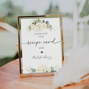 White Roses Bridal Shower Recipe Card Sign