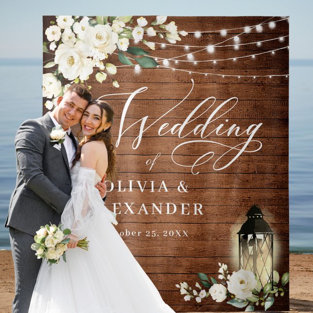 White Roses Brown Wood Wedding Backdrop Tapestry (Creator Uploaded)