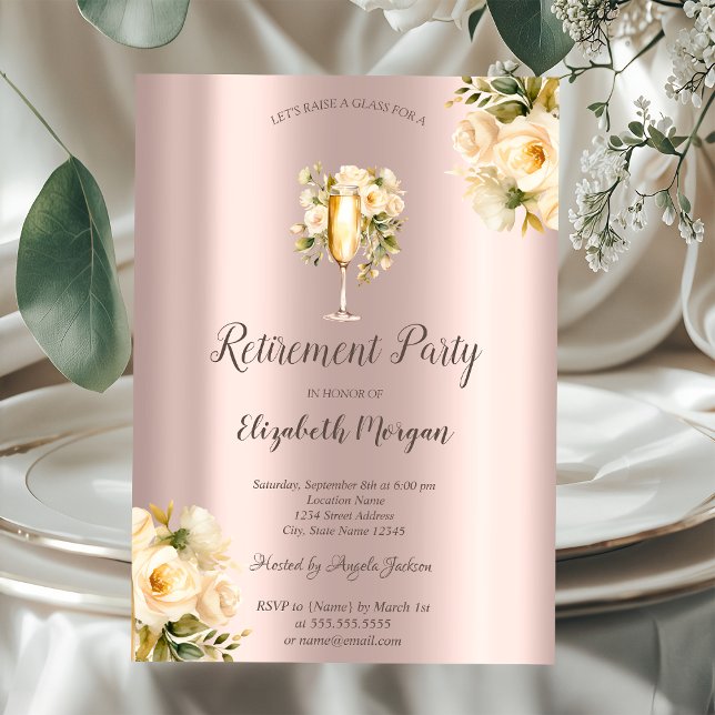White Roses,Champagne Glass,Rose Gold Retirement Invitation (Creator Uploaded)
