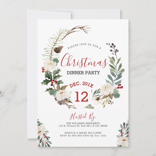 White roses & Christmas holly wreath party invite (Front)