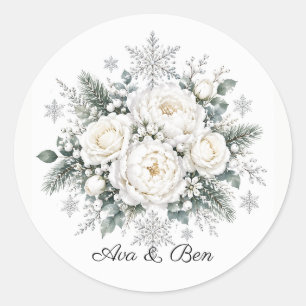 White Roses Christmas Winter Wedding Classic Round Sticker