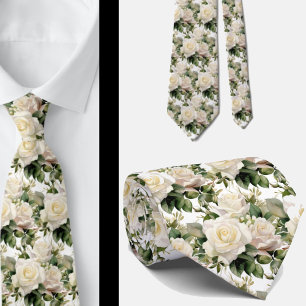 White Roses Classic Formal Floral Neck Tie