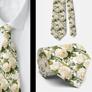 White Roses Classic Formal Floral Neck Tie