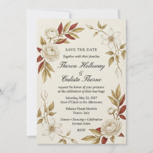 White Roses, Clematis, Golden & Burgundy Leaves, E Invitation