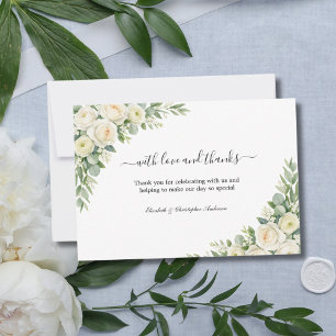 White Roses Cream Floral Greenery Wedding Thank You Card