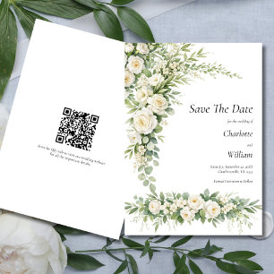 White Roses Cream Wedding Save The Date QR Code Invitation