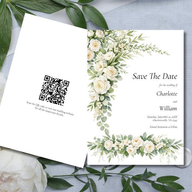 White Roses Cream Wedding Save The Date QR Code Invitation (White Roses Cream Florals Watercolor Elegant Wedding Save the date card)