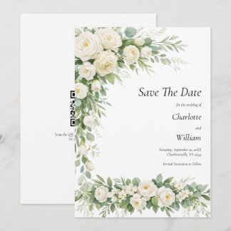 White Roses Cream Wedding Save The Date QR Code Invitation