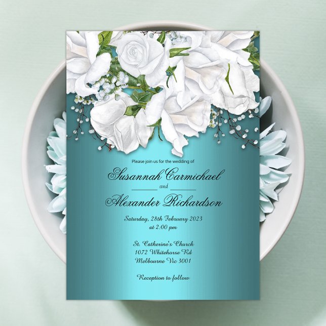 White Roses Elegance on Aqua Wedding Invitation (Creator Uploaded)