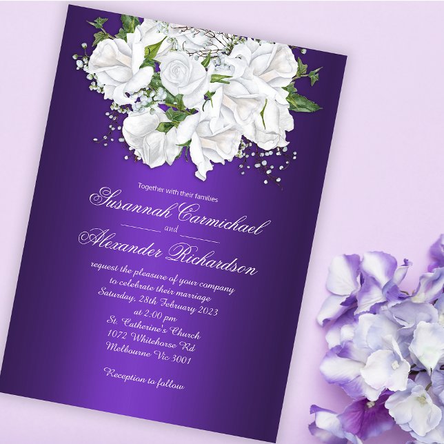 White Roses Elegance Purple Wedding Invitation (Creator Uploaded)