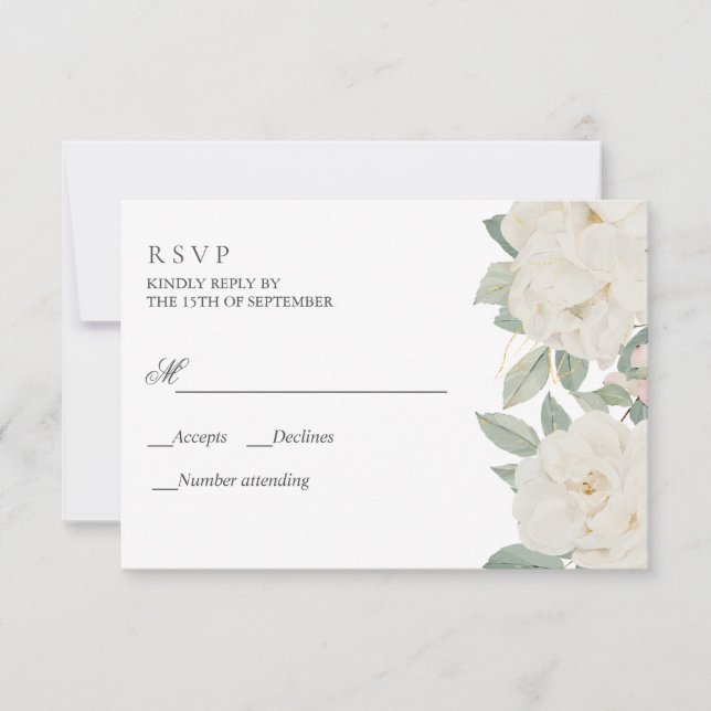 WHITE ROSES ELEGANT Botanical WEDDING RSVP  (Front)