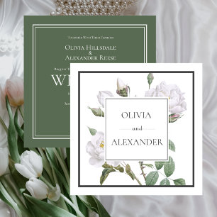 White Roses Elegant Floral Green Wedding Invitation