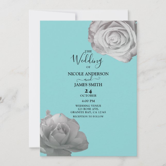 White Roses Elegant Floral Turquoise Blue Wedding Invitation (Front)