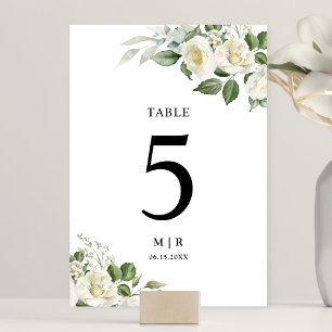 White Roses Elegant Floral Wedding Table Number