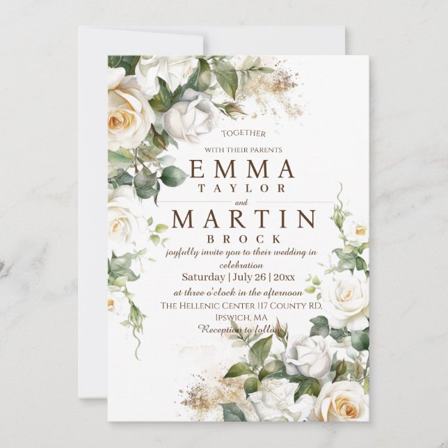 White Roses Elegant Flower Wedding Invitation (Front)