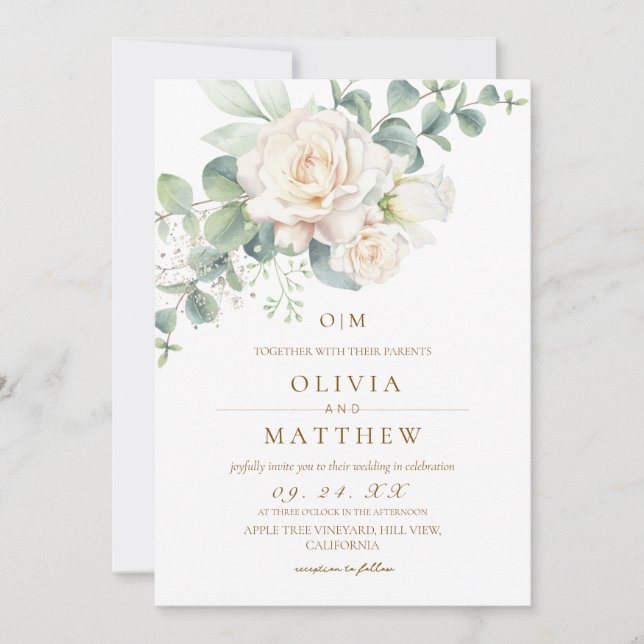 White Roses Elegant Flower Wedding Invitation (Front)
