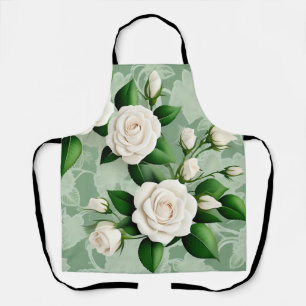 White Roses Elegant On Green Apron
