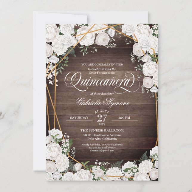 White Roses Elegant Rustic Wood Floral Quinceañera Invitation (Front)