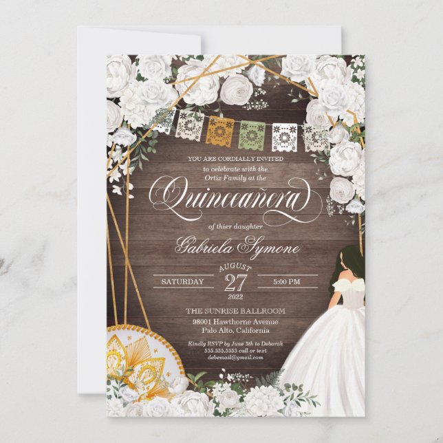 White Roses Elegant Western Charro Quinceanera Invitation (Front)