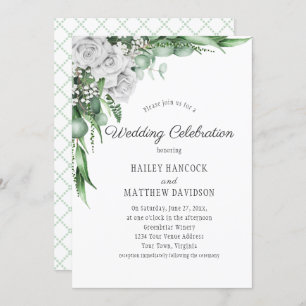 White Roses Eucalyptus Baby's Breath Wedding Invitation
