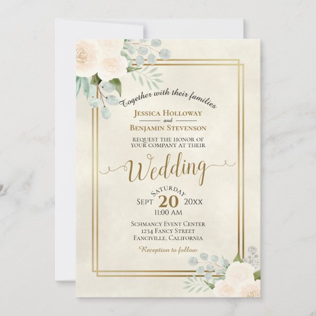 White Roses & Eucalyptus Boho Watercolor Wedding Invitation (Front)