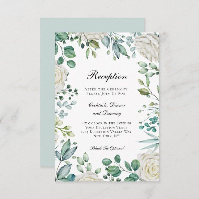 White Roses Eucalyptus Botanical Wedding Reception Enclosure Card (Front/Back)