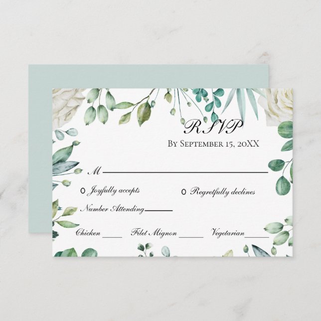 White Roses Eucalyptus Botanical Wedding   RSVP Card (Front/Back)