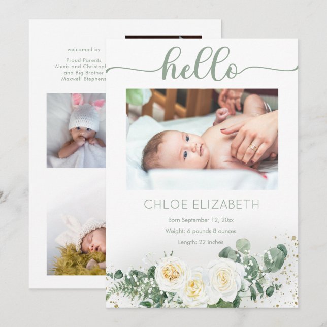 White Roses |Eucalyptus Girl 4 Photo Collage Birth Announcement (Front/Back)